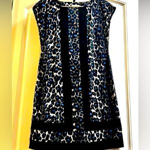Donna Morgan Black & Cobalt Leopard Cap Sleeve Dress Size 2 petite.